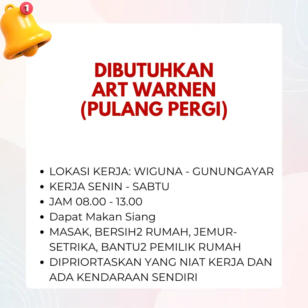 DIBUTUHKAN ART WARNEN PULANG PERGI DAERAH WIGUNA