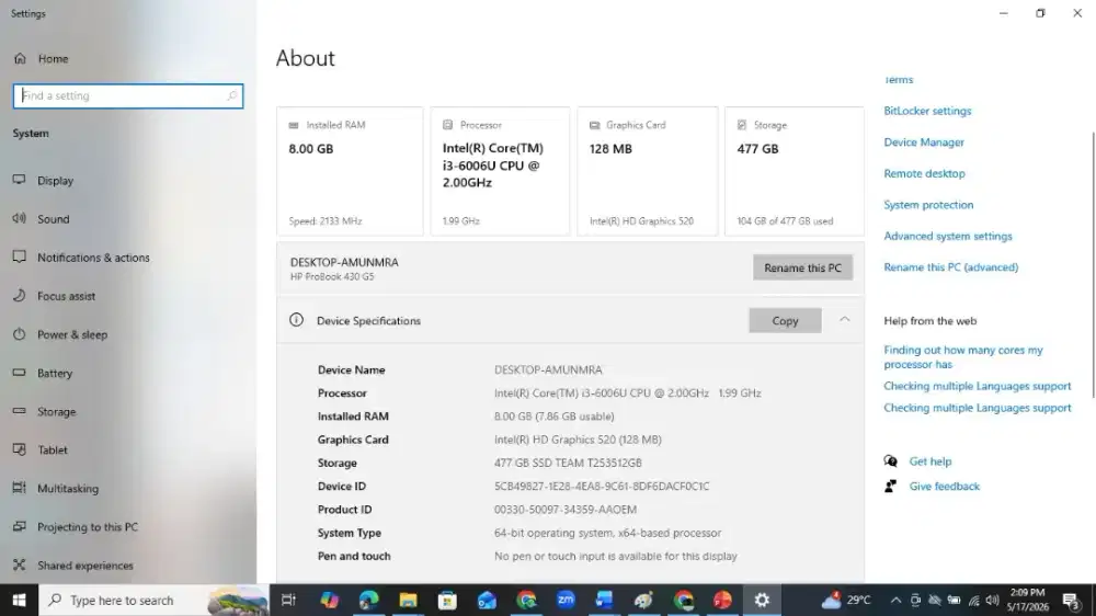 HP Probook 430 G5 core i3 gen6 8gb ssd 512gb murah bandung fingerprint