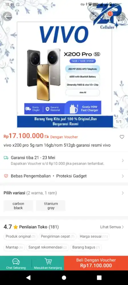 Jual hp Vivo x200 Pro ram 16+16/512 fullset nominus lcd ori