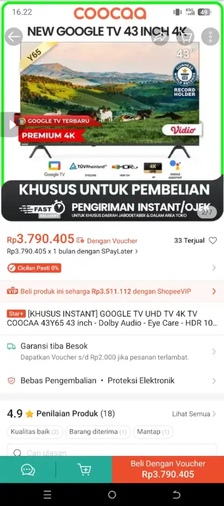 Coocaa 43in y65 google tv