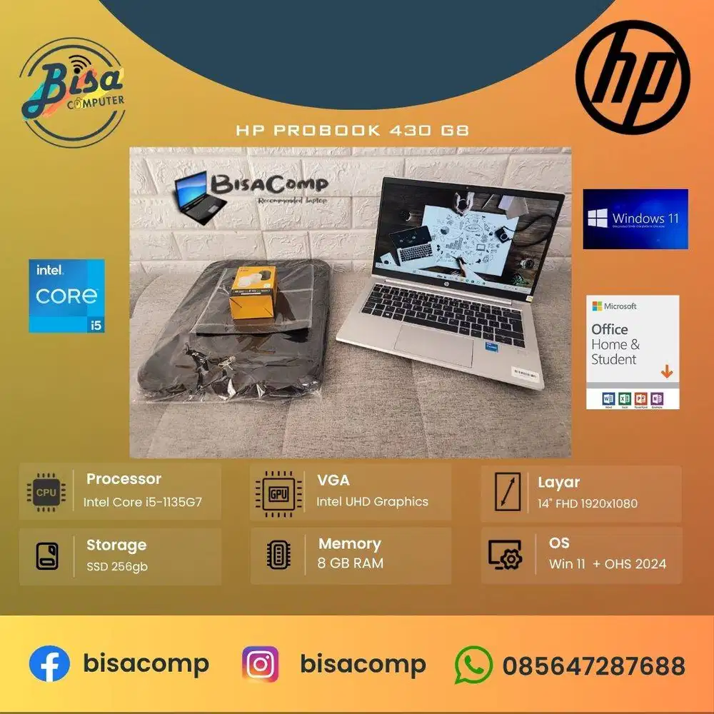 HP Probook 430 G8 Core i5 11th Gen SSD 256gb Ram 8gb 14inchFHD Backlit