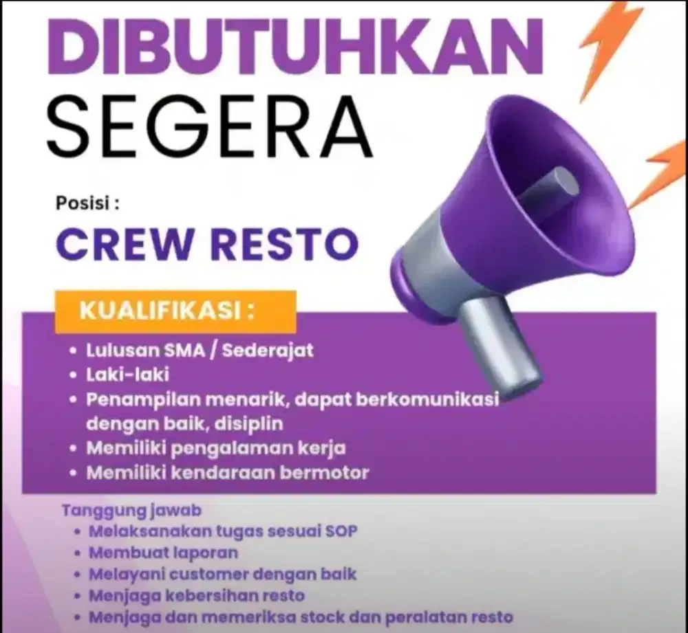 Di butuhkan segera crew fried chicken