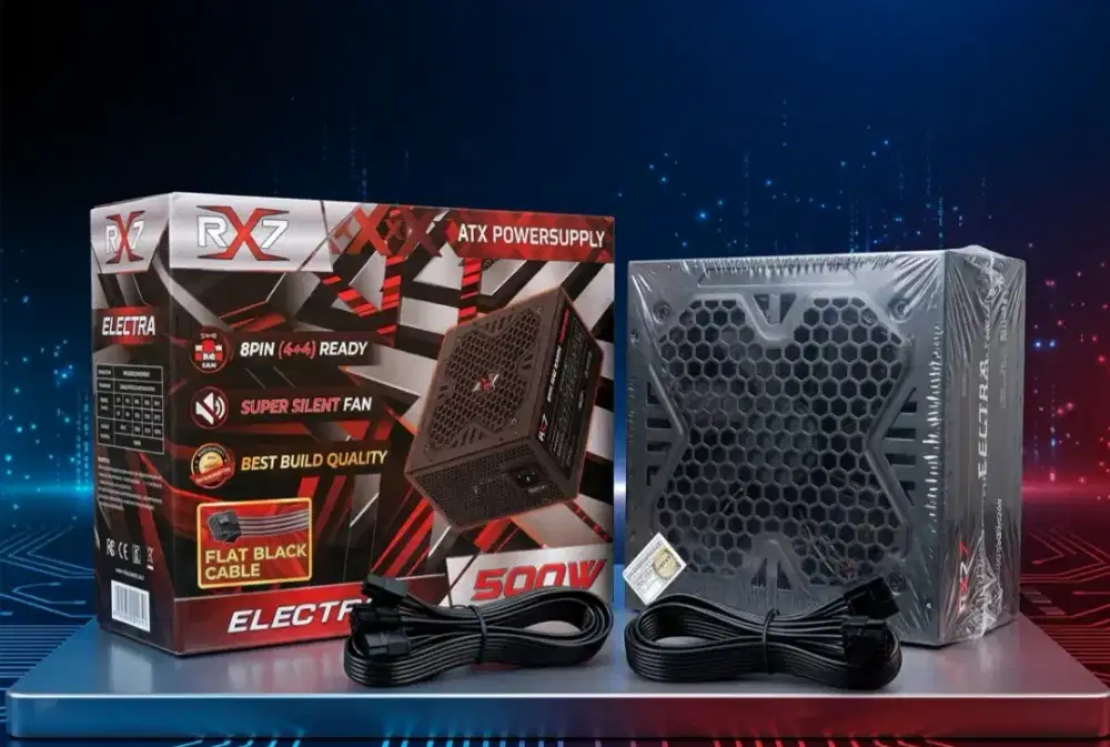 Power Supply PSU RX7 Electra 500W ATX Power Supply Flat Black Cable