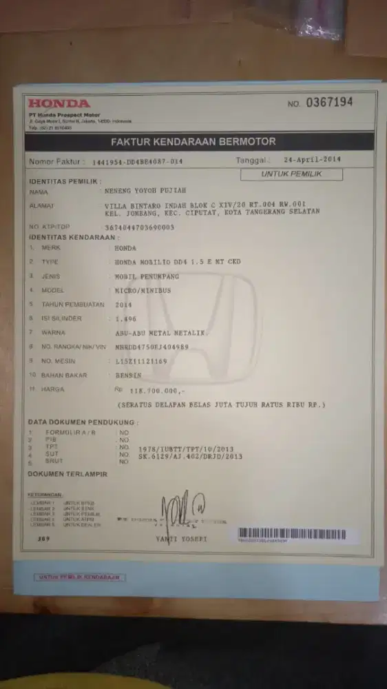 Jasa cetak faktur kendaraan mobil/ motor