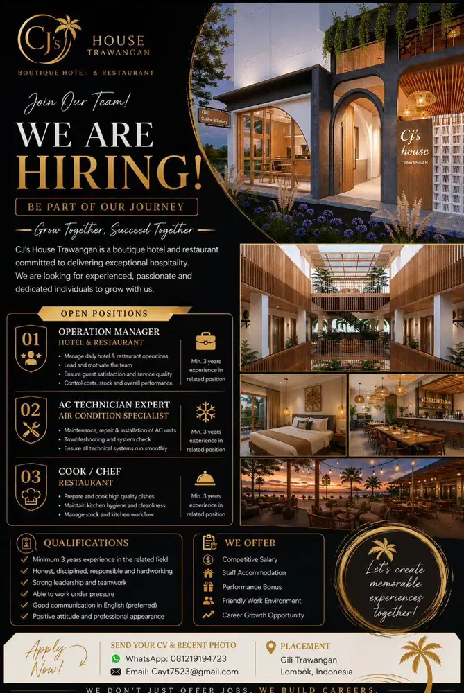 URGENTLY HIRING! Join Our Gili Trawangan Team-Manager, Head Chef, Spv