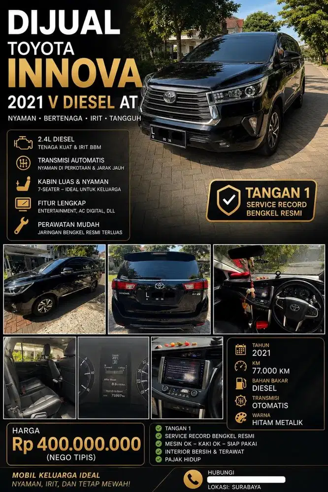 Toyota Innova 2.4 V Diesel AT 2021 Tangan 1 Service Record