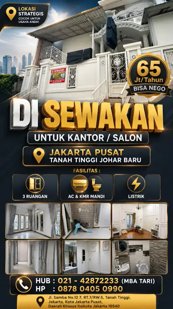 DISEWAKAN CEPAT COCOK untum Kantor / Salon 3 Ruangan Utama+R.Tamu/Loby