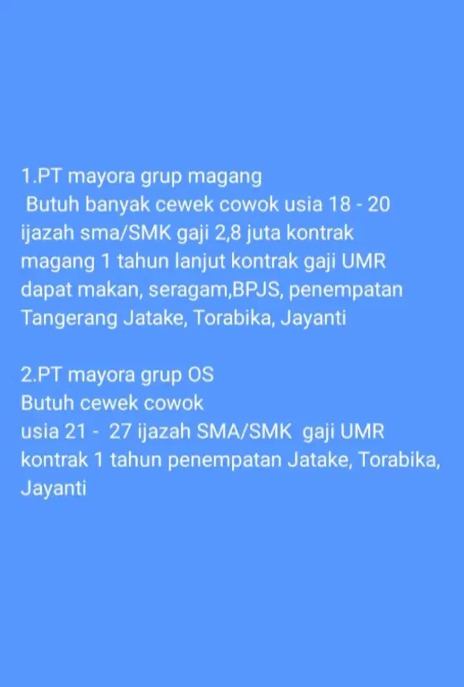 (PT mayora grup magang umur 18 - 20) (PT mayora grup OS umur 21 - 27)