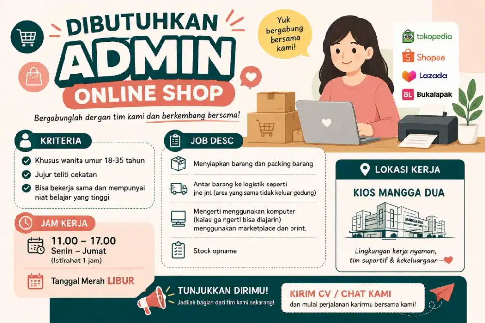 Dicari  Pekerja Toko dan Admin Online Shop