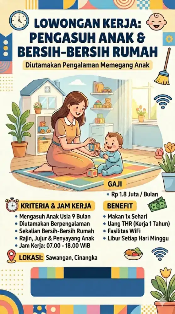 Dicari pengasuh anak dan beberes rumah