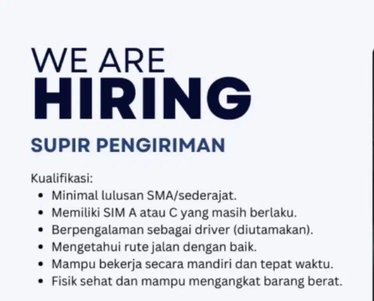 DICARI SUPIR PENGIRIMAN BARANG DRIVER