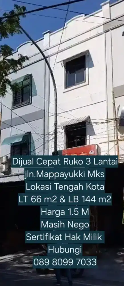 Dijual Ruko 3 lt jln.Mappayukki Mks