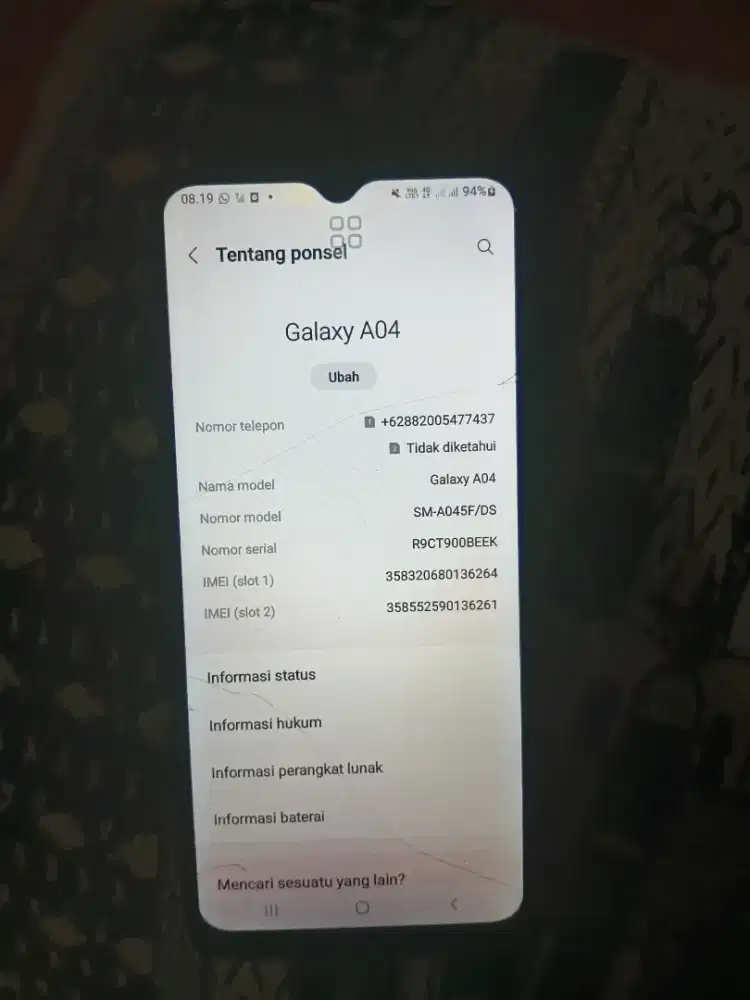 Di jual BU hp samsung galaxy A04 ram 4/64, kelengkapan hp dan casan.