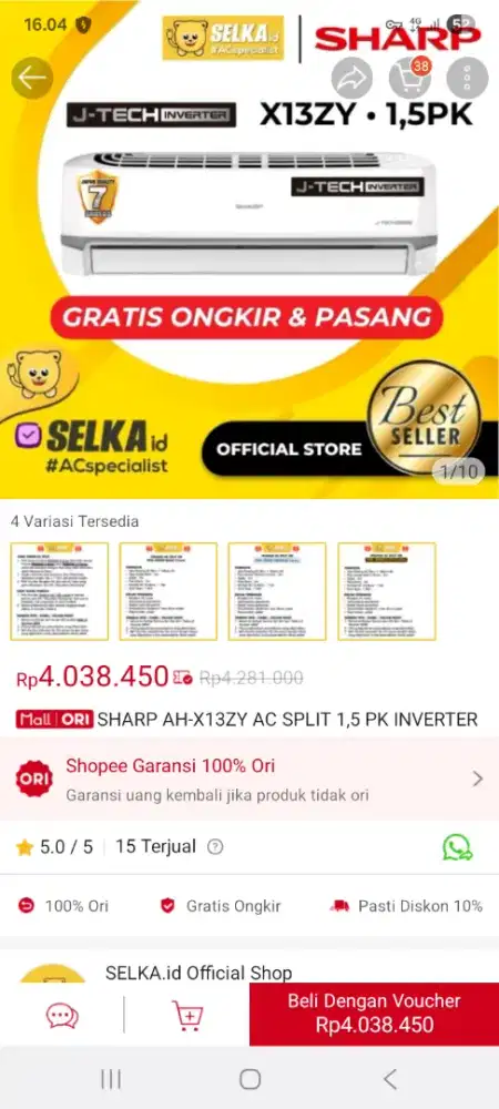 Ac sharp inverter 1,5 pk tipe AH-X13ZY