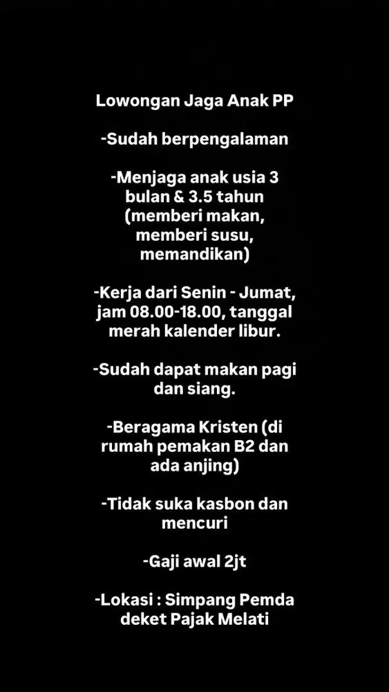 Lowongan Kerja Jaga Anak PP (Tidak Menginap)
