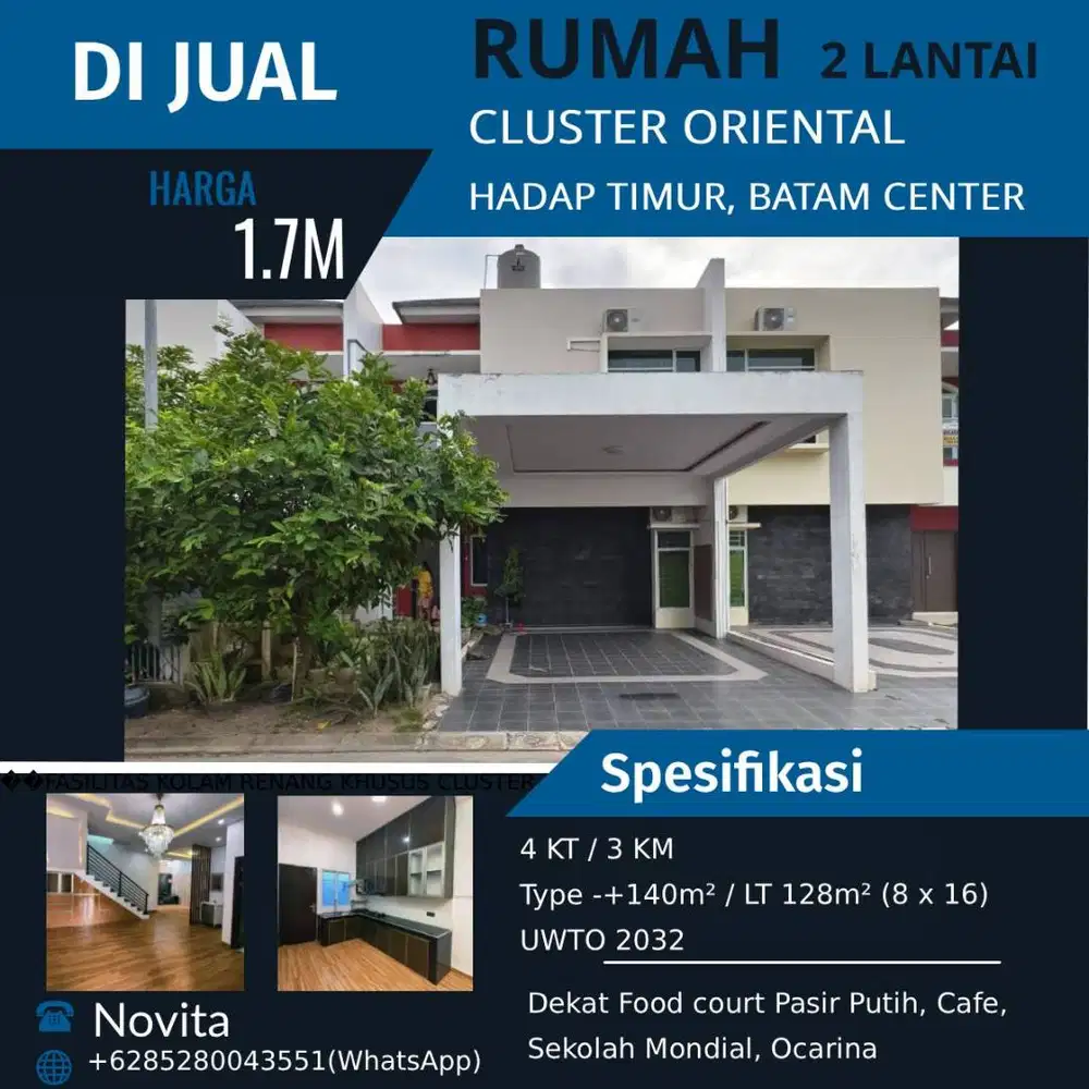 1 Unit Rumah 2 Lantai Cluster Oriental Hadap Timur Batam Center