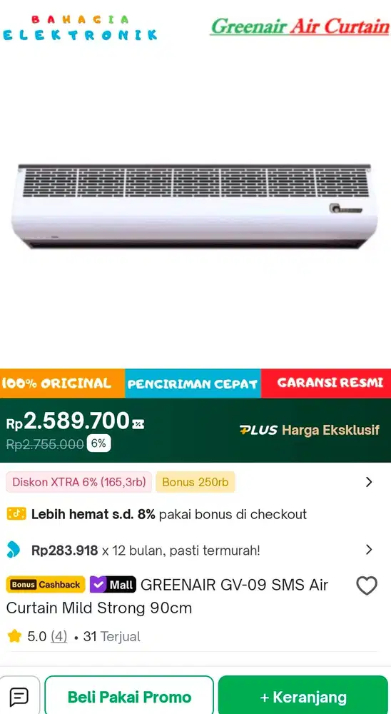 air curtain tirai udara blower kuat merk greenair 90CM garansi 12 bln