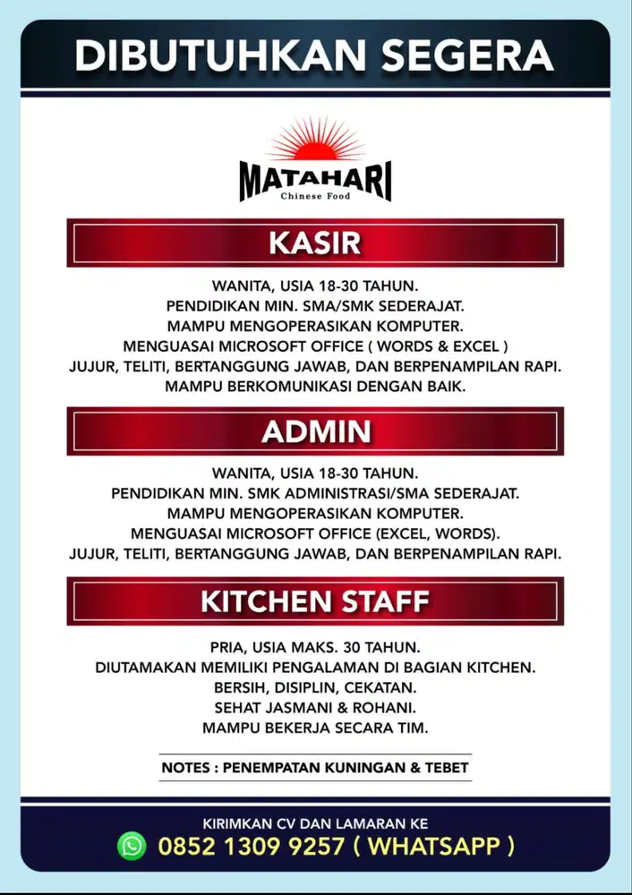LOWONGAN KASIR, ADMIN, DAN KITCHEN STAFF