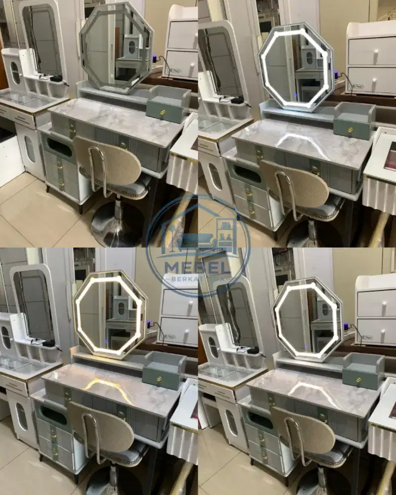 Meja rias biru marmer Led