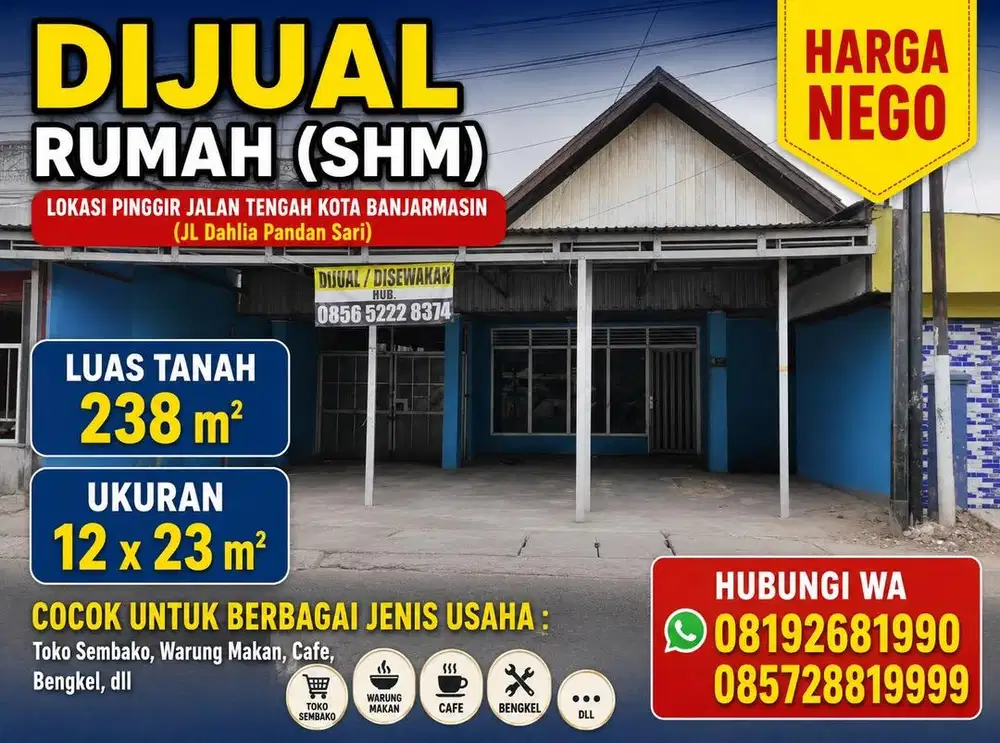Jual cepat rumah pinggir jalan tengah kota BJm
