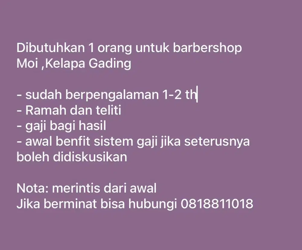 Dicari Barberman berpengalaman area Jakrta utara