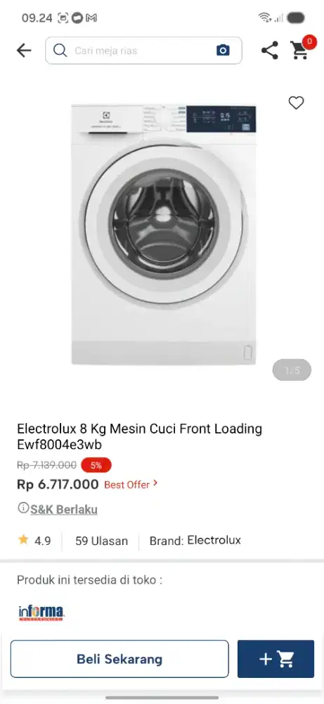 Ready stok mesin cuci electrolux 8kg