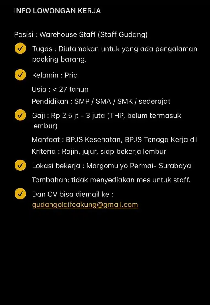 Dicari warehouse staff lokasi Surabaya
