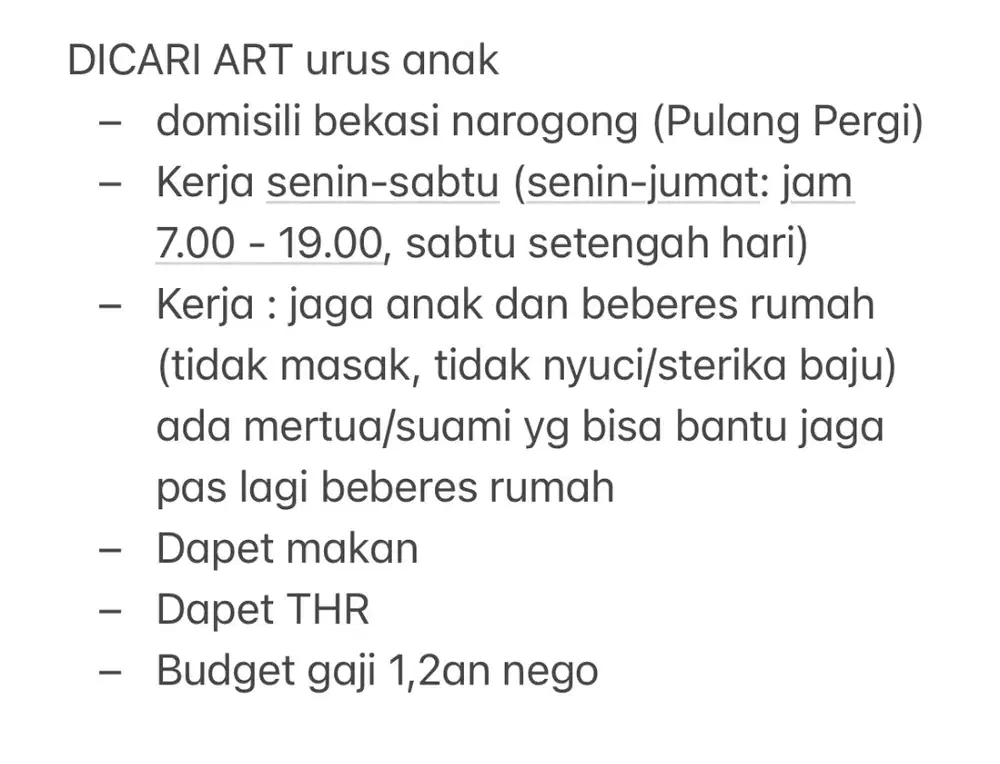 Dicari ART urus anak narogong, bekasi