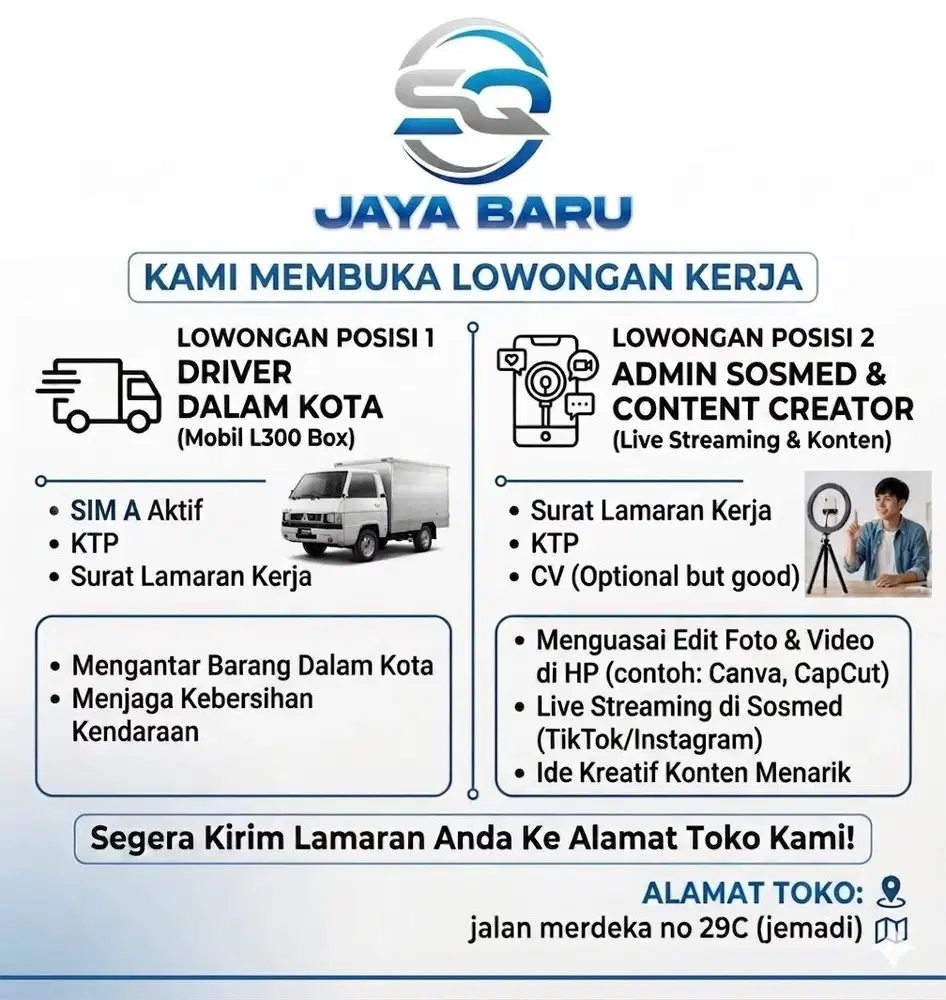 Lowongan Kerja Supir & Admin Sosmed
