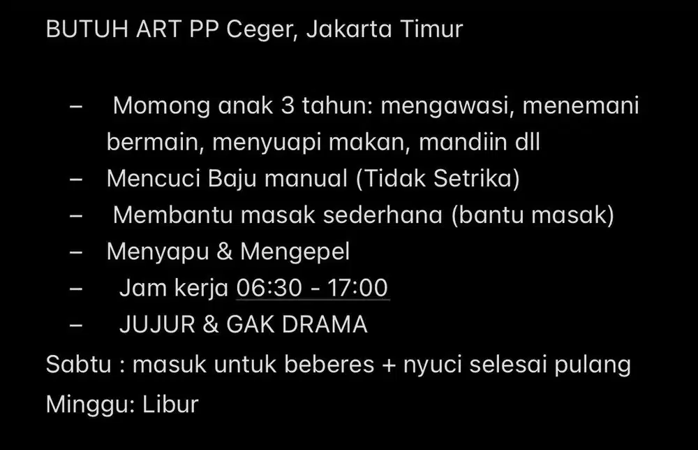 BUTUH ART PP Ceger, Jakarta Timur