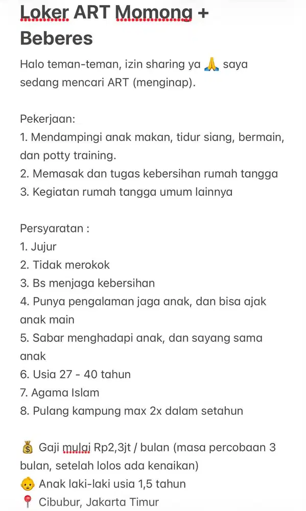 Loker ART Momong & Beberes (Menginap) - Bukan Penyalur