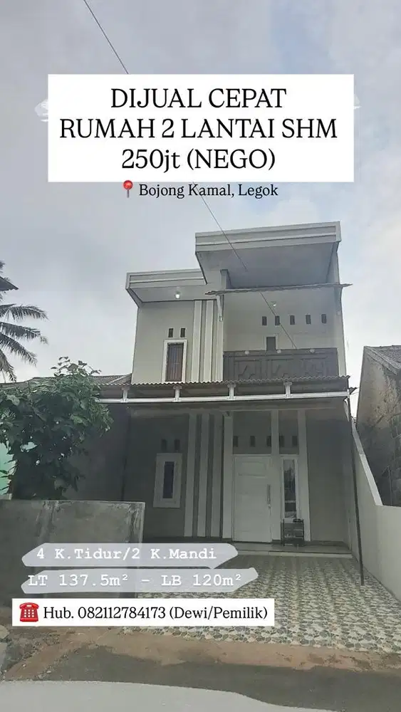 DIJUAL CEPAT RUMAH 2 LANTAI Rp 250JT NEGO TIPIS