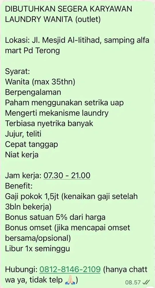 Dibutuhkan karyawan laundry cab Pd Terong