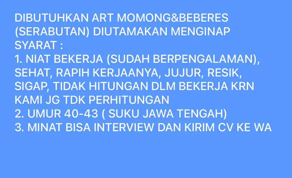 DIBUTUHKAN ART MOMONG & BEBERES (SERABUTAN)