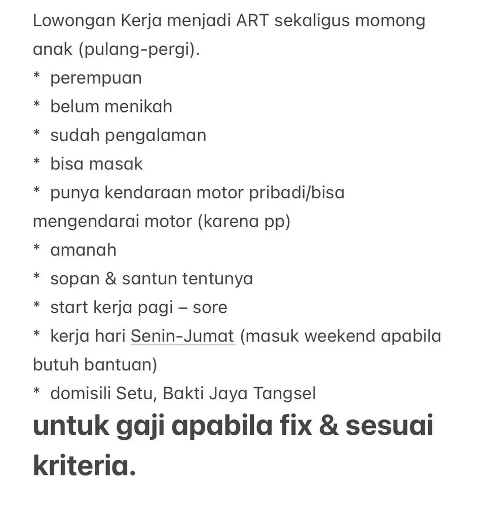 Lowongan Kerja menjadi ART sekaligus momong anak (pulang-pergi)