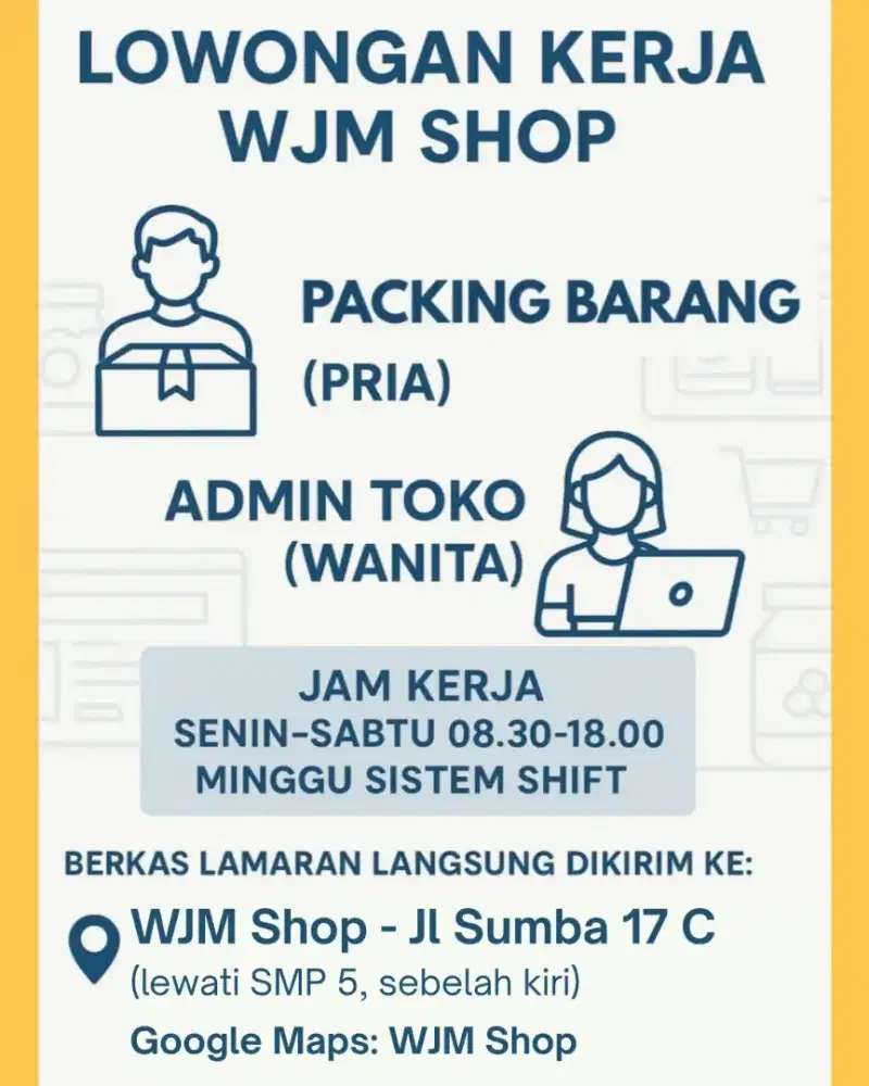 Dibuka Lowongan untuk Admin (wanita) & Packing Barang (pria)