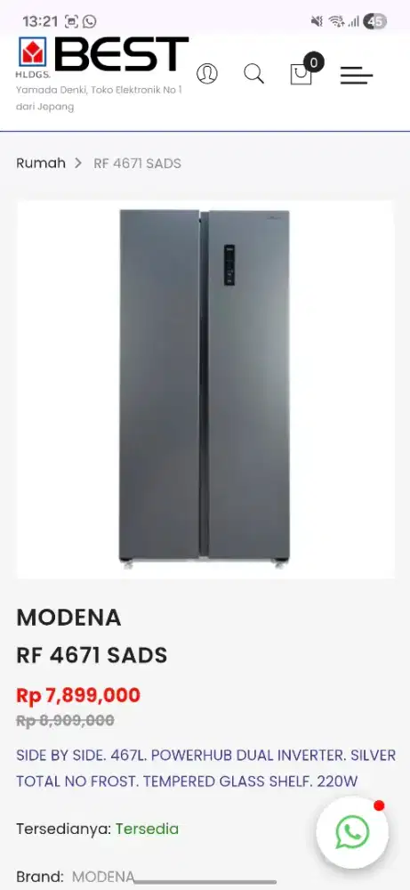 Jual kulkas baru merk Modena RF 4671 SADS