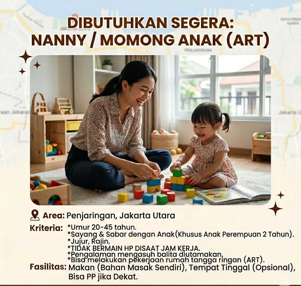 Lowongan kerja Art dan MOMONG bisa PP/ Menginap