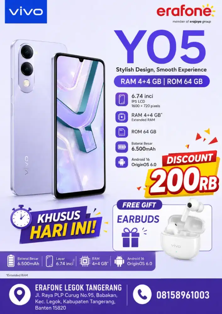 Vivo Y05 Discount + Gift Earbuds