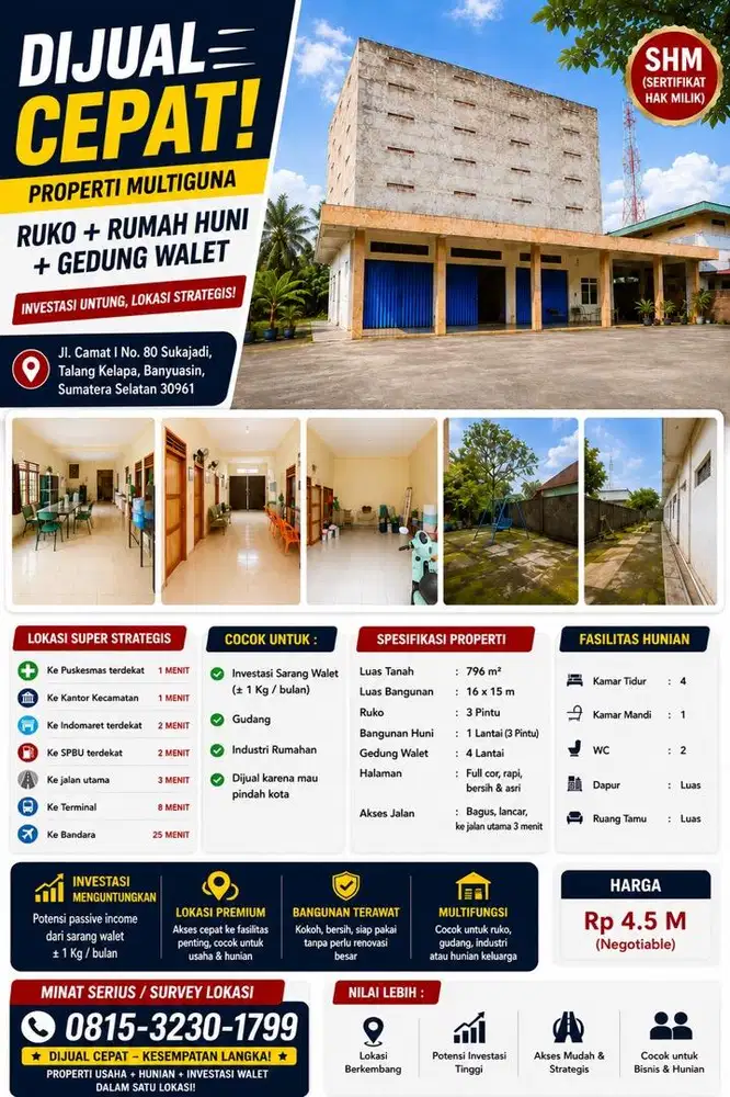 JUAL RUMAH + GEDUNG WALET PALEMBANG - BANYUASIN