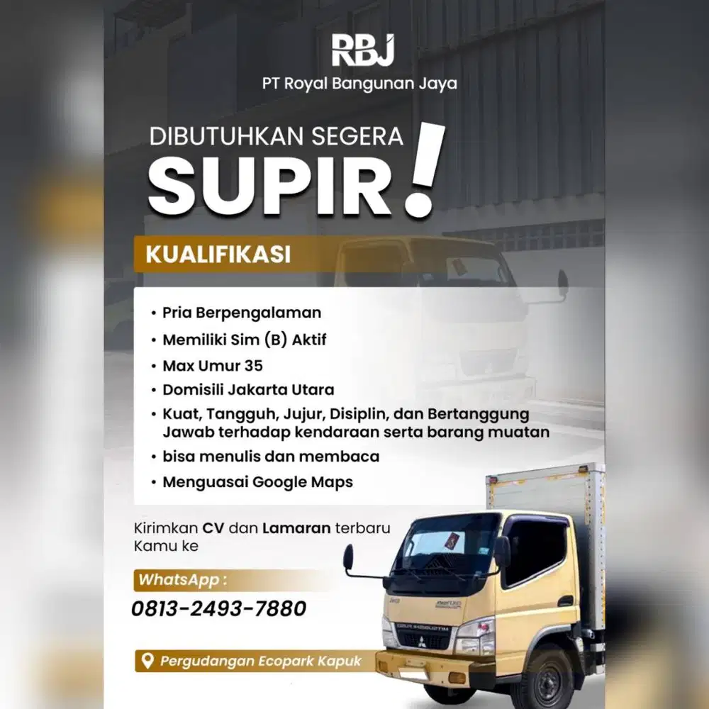 Dibutuhkan Segera Supir / Driver Colt Diesel Sim B aktif, Kapuk, Kamal