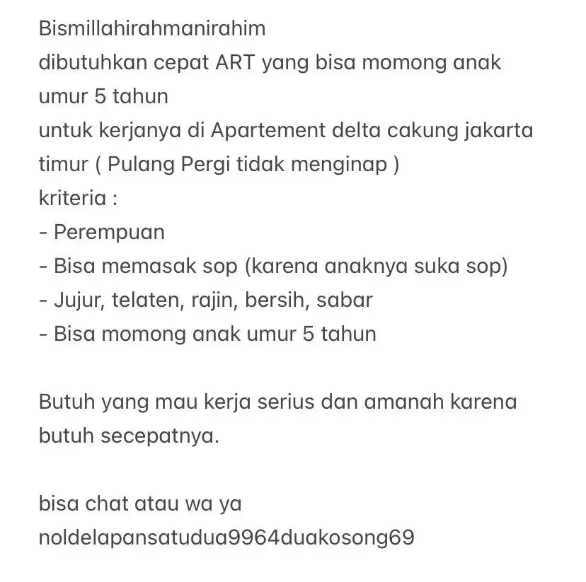 Dibutuhkan Art yang bisa momong anak 5 th