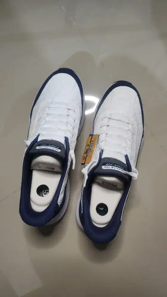 Skechers Cozy Fit White Navy Slip-ins with Contour Foam