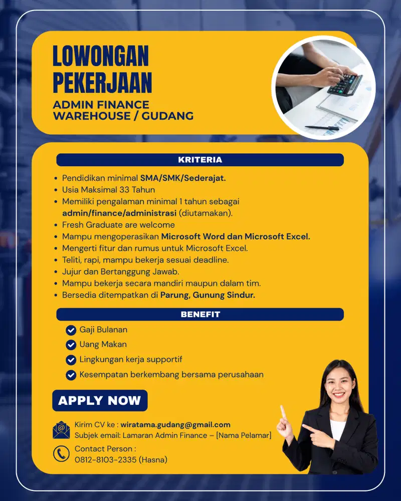 Lowongan Kerja Admin Finance (Warehouse/Gudang). Parung, Gunung Sindur