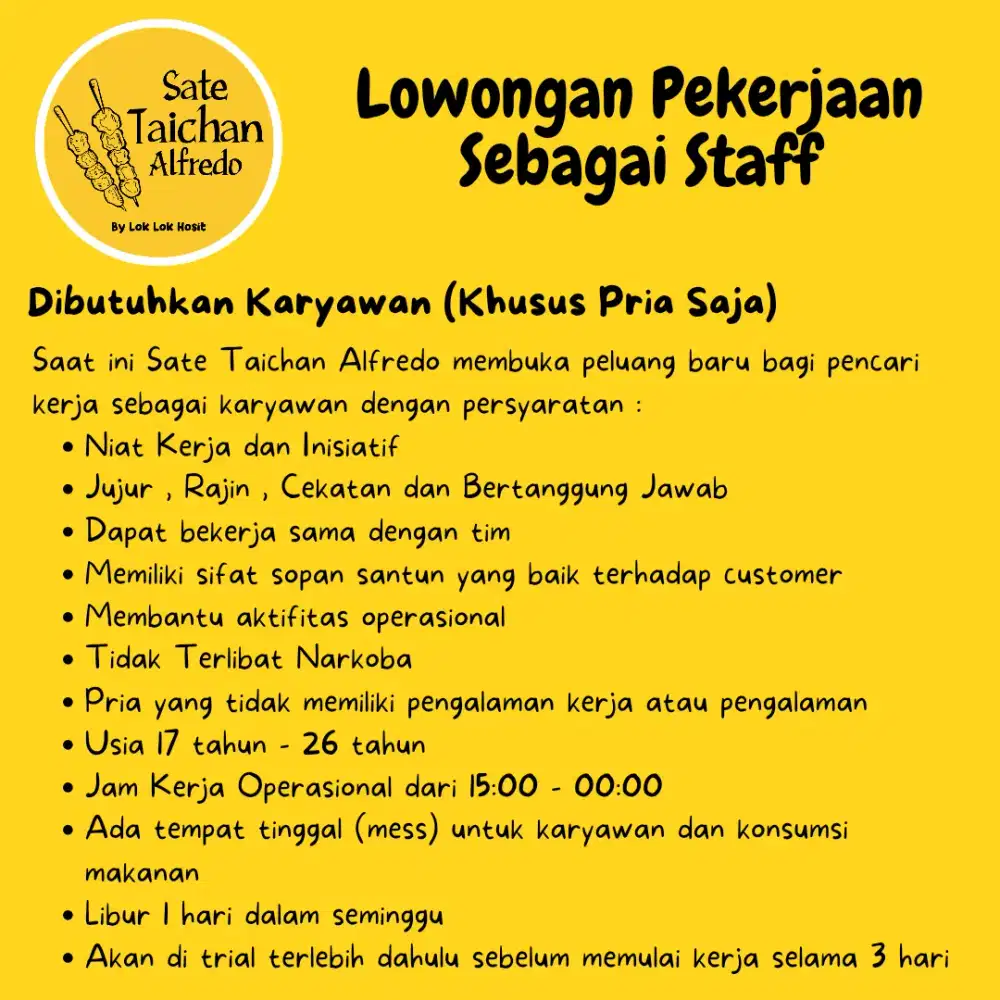 Dibutuhkan karyawan pria