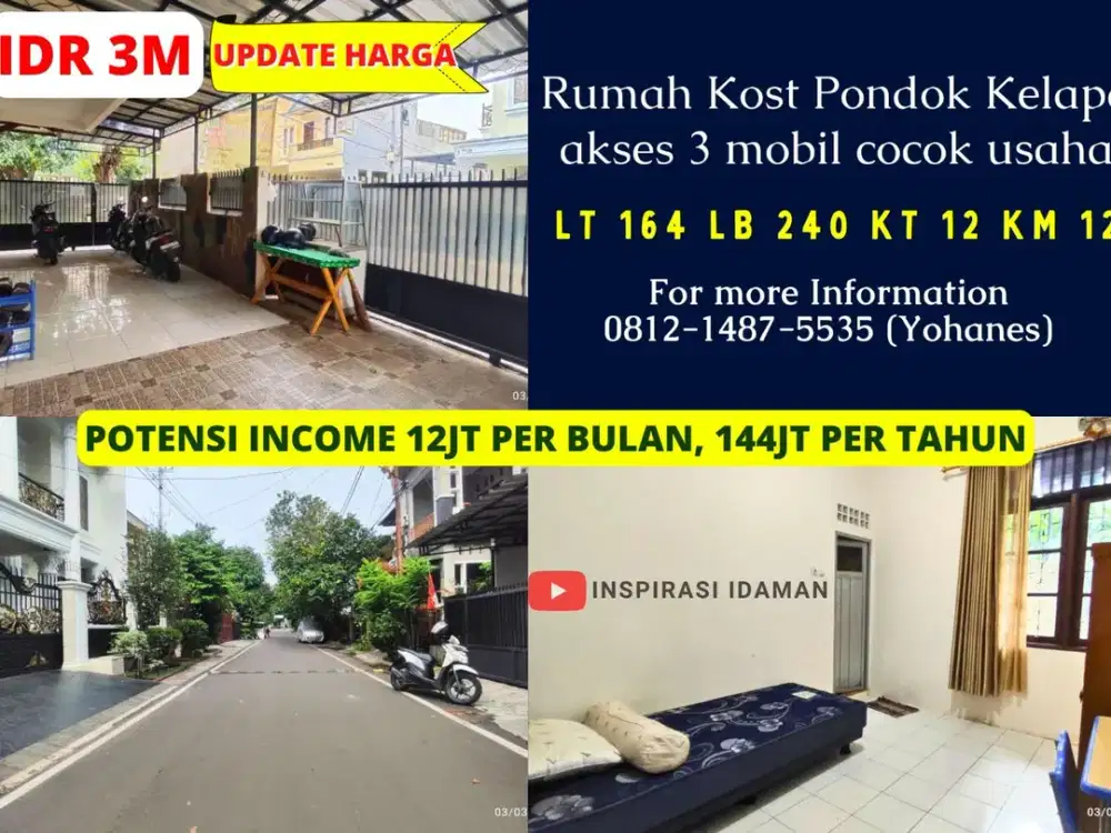 Rumah Kost Pondok Kelapa 12 Pintu akses 3 mobil cocok usaha
