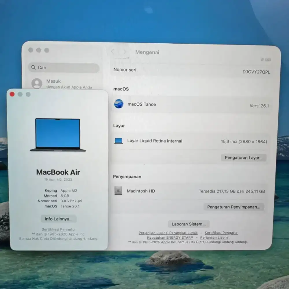 Macbook Air M2 Layar 15inc Ram 8 ssd 256 unit charger mulus no ninus