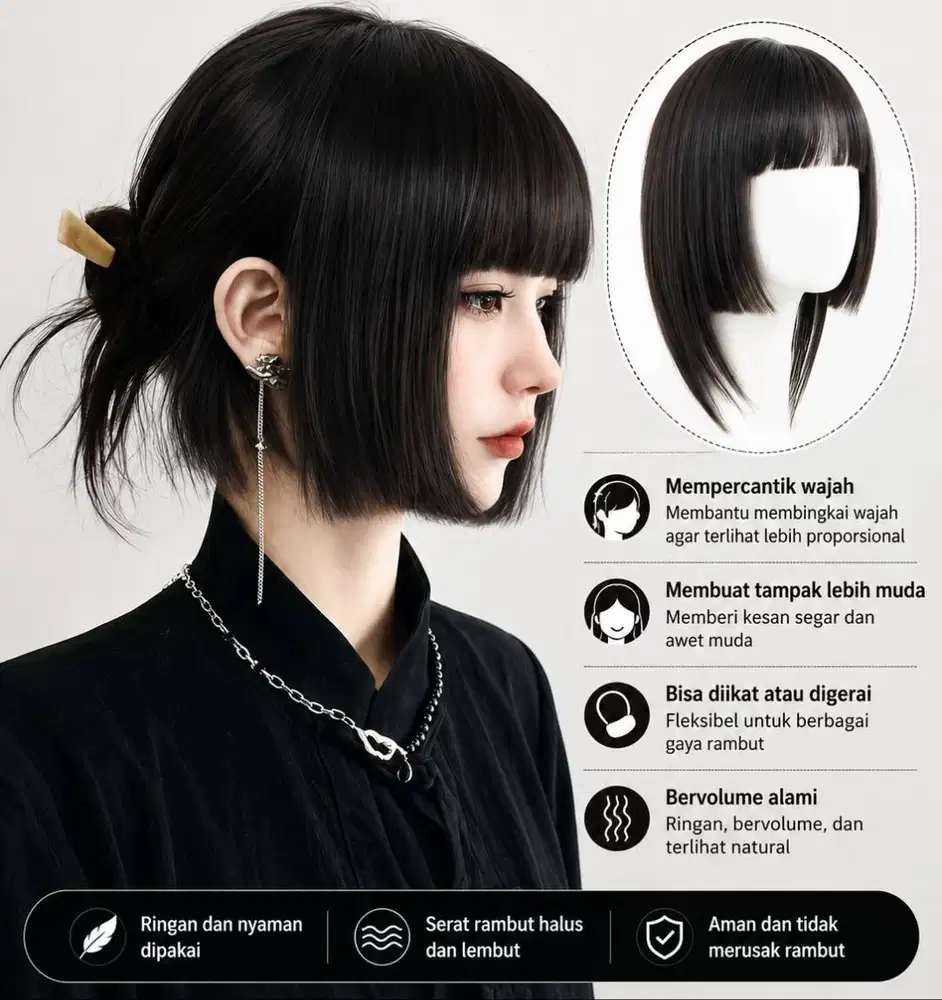 Poni Clip Aksesoris Rambut Palsu Warna Hitam Poni Jepit Lembut Side