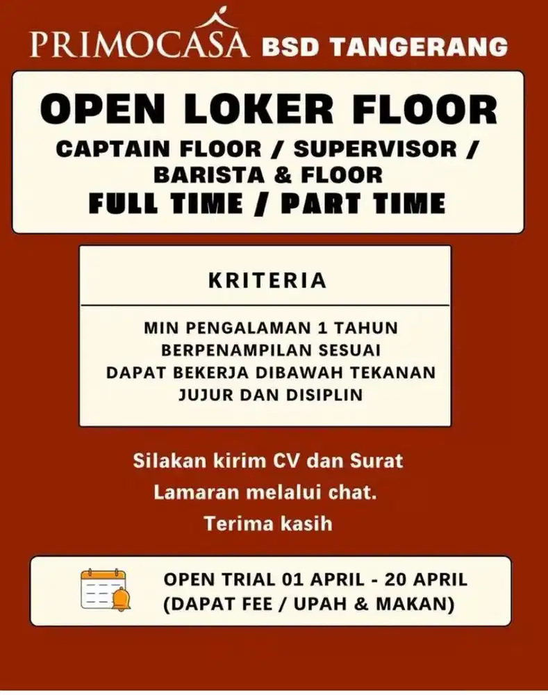 LOWONGAN KERJA CAPTAIN FLOOR / SERVER / JUNIOR BARISTA