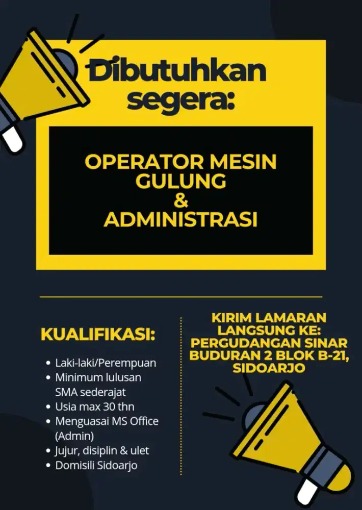 Dibutuhkan: Operator Mesin Gulung & Administrasi